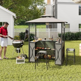 Conjunto de bar de Jardim de 3 peças Tenda de churrasco +  2 bancos de bar Mesa temperada Estantes de metal e suportes de vidro Cinzento