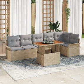 vidaXL Conjunto de Jantar de 7 peças com Almofadas Bege Rattan Acácia