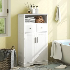 Armário de casa de banho de chão com 2 portas, 2 gavetas e 2 prateleiras ajustáveis Organizador de armazenamento 60 x 30 x 108 cm Branco