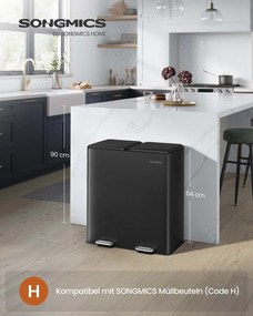 Caixote do lixo 58,5 x 37 x 64 cm com dois compartimentos 30 litros, pedal com fecho suave e baldes interiores Preto