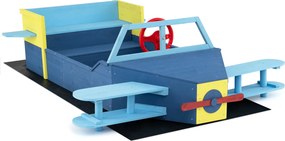 Caixa de areia infantil em madeira de abeto 166,5 x 140,5 x 50 cm, em forma de planador, com banco, assento, base aberta e forro inferior, para crianç