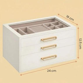 Caixa de joias em madeira com tampa de vidro, 3 níveis, 24 x 16 x 12,5 cm, branco-bege