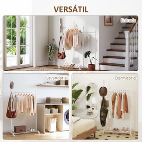 Guarda Roupa com Rodas 5 Ganchos Barra para Pendurar e Prateleira Inferior 86x43x171 cm Branco