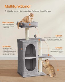 Árvore para gatos pequena com 2 cavernas e 1 plataforma cinza claro