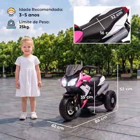 Mota Elétrica Infantil 6V de 3 Rodas com Pedal, Farol LED, Música e Buzina para Crianças de 3 a 5 Anos, Rosa