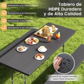 Mesa de piquenique dobrável de 183 cm para 8 pessoas com 2 bancos Estrutura metálica Furo para guarda-sol Preta