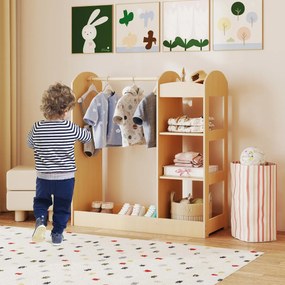 Guarda roupa para crianças com espelho, cabideiro, armário para guardar brinquedos e fantasias 93,5 x 38 x 100 cm Natural