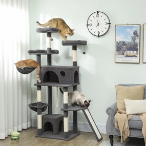 Arranhador para gatos com torre de brincadeiras, arranhador, 3 camas, 2 compartimentos abertos, plataformas e 3 brinquedos suspensos; altura: 174 cm;