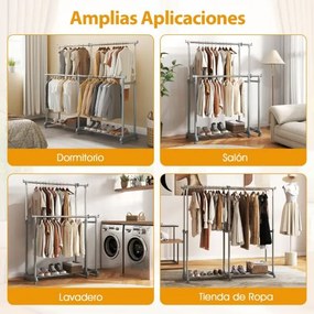 Cabideiro Duplo com Rodas, Altura Ajustável e Largura Extensível, Metal Resistente para closet, Lavandaria ou Sala 140-195 cm Cinza