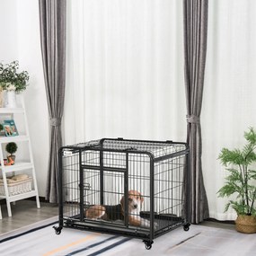 Gaiola dobrável para cães 94x 58 x 69,5 cm, gaiola de transporte com Rodas, 2 portas com fecho, tabuleiro removível metal cinzento-preto