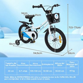 Bicicleta Infantil 4-7 anos, 114,5 x 56 x 71,5-77 cm, Rodas Estabilizadoras Removíveis, Branco