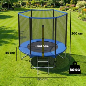 Trampolim para Crianças Exterior Ø183 cm com Rede de Segurança Escada de 2 Degraus Cobertura de Molas Saco de Armazenamento Azul