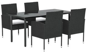 5 pcs conjunto de jantar p/ jardim c/ almofadões vime PE preto