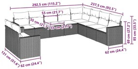 10 pcs conj. sofás jardim com almofadões vime PE castanho