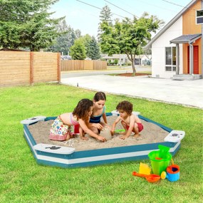 Caixa Infantil Areia de Madeira para Exterior Caixa de Areia com 4 Lugares Integrados Estrutura Semi Fundo Crianças 3+ Anos 126 x 126 x 14 cm Azul