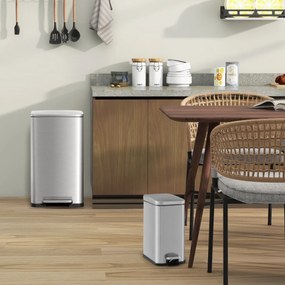 Conjunto de caixotes do lixo de 40 litros + 6 Litros em aço e baldes interiores amovíveis para lixo de cozinha Prateado