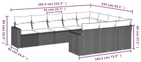 10 pcs conjunto sofás p/ jardim c/ almofadões vime PE cinzento