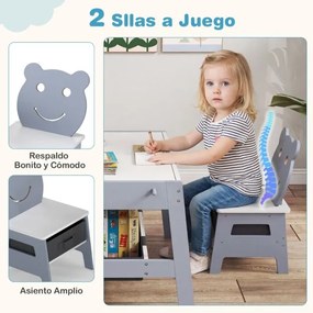 Conjunto de Mesa e 2 cadeiras infantil Secretária 5 em 1 com superfície reversível Quadro branco e preto 4 ganchos Compartimentos Cinzento