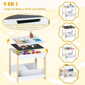 Conjunto de mesa e cadeiras para crianças Mesa de atividades em madeira com tampo reversível Prateleiras para livros e gavetas Natural + Branco