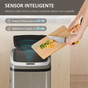 Balde de Lixo Automático para Cozinha 48 L Sensor Infravermelho Fechamento Automático Antimarcas Aço Inoxidável 33x25x69 cm Prata