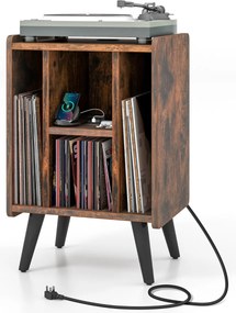 Estante para discos de vinil com 4 prateleiras abertas Tomada eléctrica e porta de carregamento USB  Castanho vintage