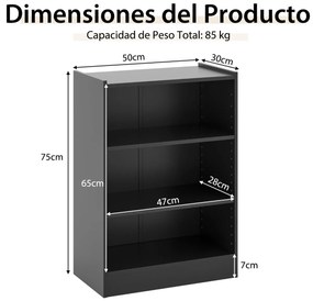 Estante de 3 níveis com prateleiras ajustáveis e dispositivo anti-queda para a sala de estar e o quarto 50 x 30 x 75 cm Preto