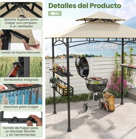 Tenda 242 x 153 cm com 2 estantes laterais, cesto, ganchos e abridor de garrafas; Estrutura metálica para jardim ou pátio, cor bege