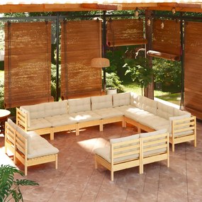 vidaXL 12 pcs conjunto lounge jardim c/ almofadões creme pinho maciço