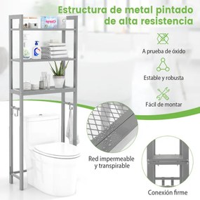 Estante casa de banho sobre a sanita de metal que economiza espaço com 3 ganchos e 3 níveis 63 x 26,5 x 170 cm Cinzento