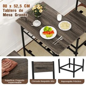 Conjunto de mesa de jantar com 2 cadeiras com prateleira aberta, estrutura metálica cinzento