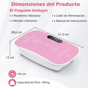 Plataforma vibratória muscular com 10 intensidades e controlo remoto para emagrecer, queimar calorias e tonificar os músculos - Branco + Rosa