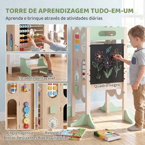 Torre de Aprendizagem Infantil Montessori 6 em 1 com Quadro Banco de Cozinha para Crianças dos 2 aos 6 Anos Verde