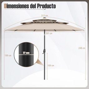 Guarda-sol Jardim de 313 cm com 32 luzes LED Teto ventilado de 3 níveis Ajuste de inclinação Bege