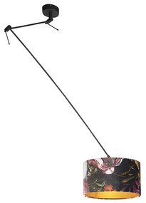 Candeeiro de suspensão preto com cúpula em veludo flores com dourado 35 cm - Blitz Clássico / Antigo