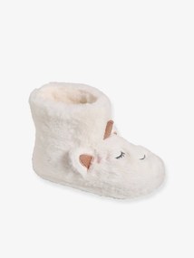 Pantufas unicórnio, de cano subido, em pelinho para menina branco claro liso com motivo