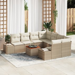 Conjunto de Sofá de Jardim de 9 Peças com Almofadas Bege Polirattan Ac