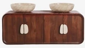 Conjunto De Móvel De Casa De Banho Dupla Suspensa 130x45 Cm Em Madeira De Manga E Pedra Natural Kivalina Travertino - Madeira De Mangueira Escura & -