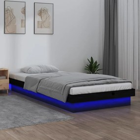 Estrutura cama c/ LED solteiro 75x190 cm madeira maciça preto