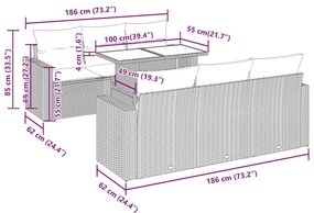 7 pcs conjunto de sofás p/ jardim com almofadões vime PE bege