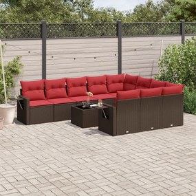 vidaXL 11 pcs conjunto sofás de jardim c/ almofadões vime PE castanho