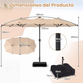 Guarda-sol Duplo Retangular de Exterior com base, 370 x 200 cm, 108 Luzes LED, Bege