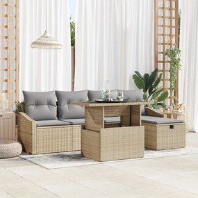 Conjunto de Sofá de Jardim 6 Peças com Almofadas Bege Rattan PE