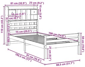 Cama com estante sem colchão 75x190 cm pinho maciço