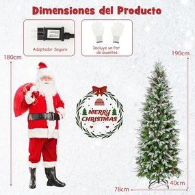 Árvore de Natal pré-iluminada de 190 cm com 280 luzes LED Neve simulada 671 ramos articulados e 60 pinhas Árvore fina Verde