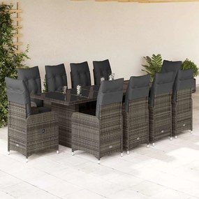 vidaXL 11 pcs conjunto bistrô de jardim c/ almofadões vime PE cinzento