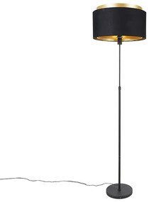Candeeiro de pé moderno preto com duplo abajur dourado - Parte Moderno
