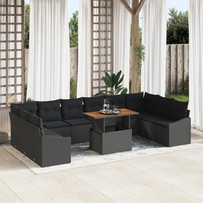 Conjunto de Sofá de Jardim com 11 Peças e Almofadas em Rattan Preto