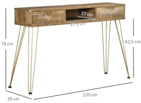 HOMCOM Consola Móvel de Entrada com 2 Gavetas Prateleira Aberta e Pés de Aço para Sala de Estar Corredor Estilo Moderno 120x29x79cm Madeira e Bronze