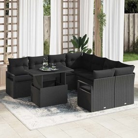 Conjunto de Sofá de Jardim vidaXL 9 Peças com Almofadas em Rattan Polímero Preto
