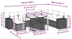 9 pcs conjunto de sofás p/ jardim com almofadões vime PE bege